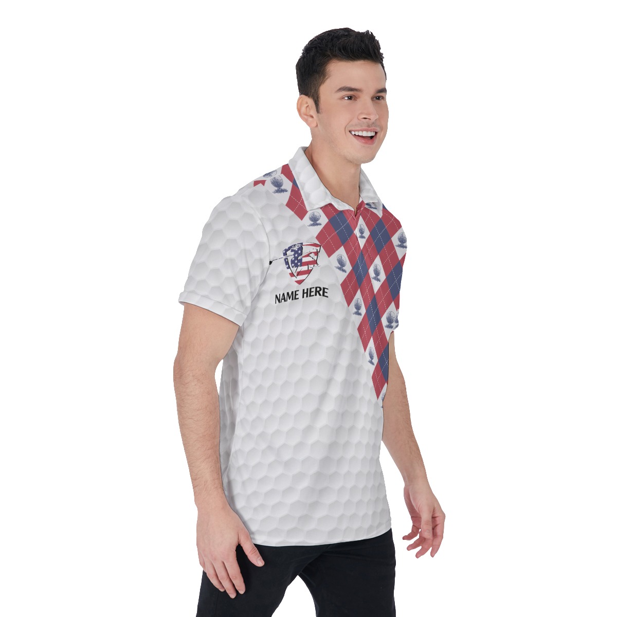 Custom Name American Flag With Golf Argyle Pattern Polo Shirt