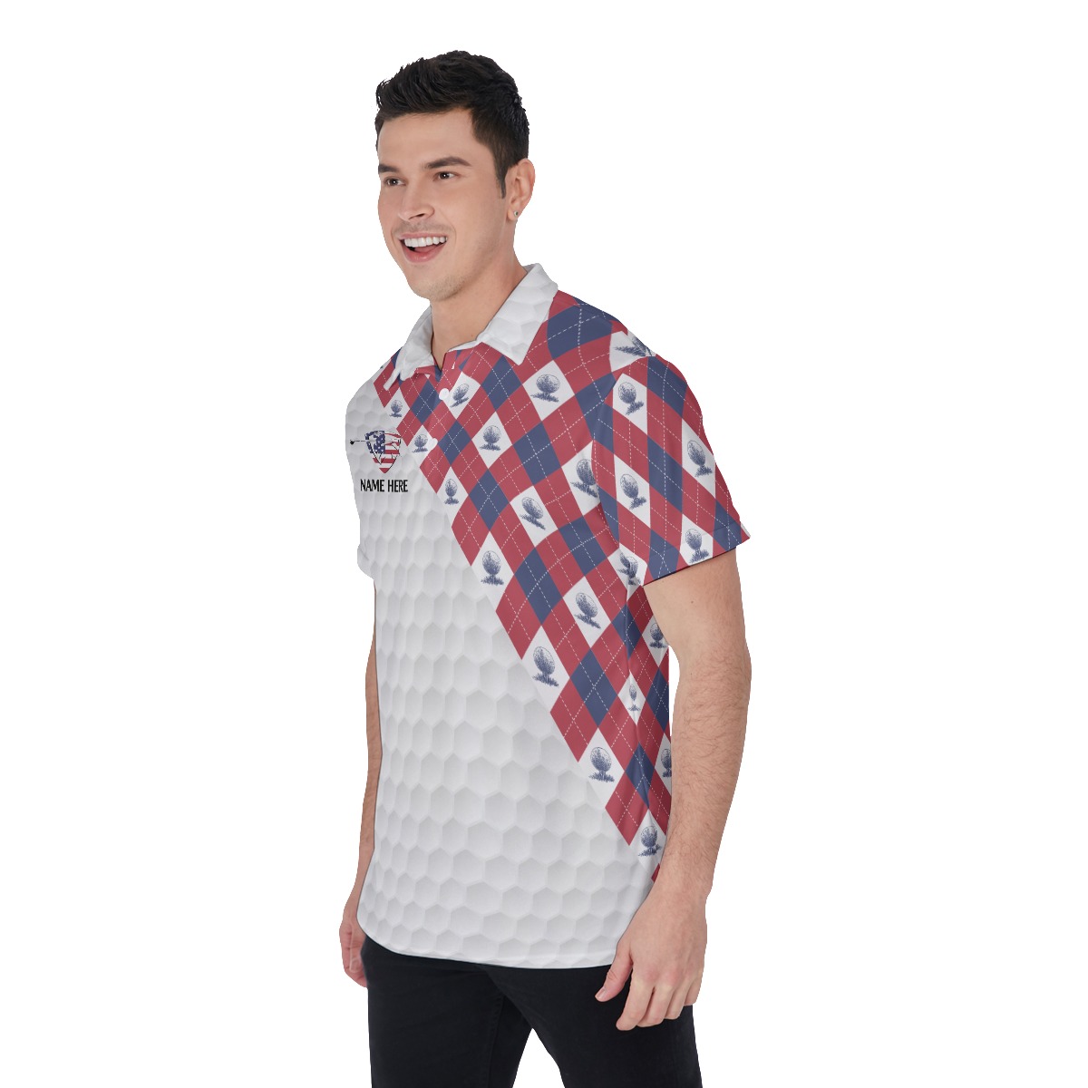 Custom Name American Flag With Golf Argyle Pattern Polo Shirt