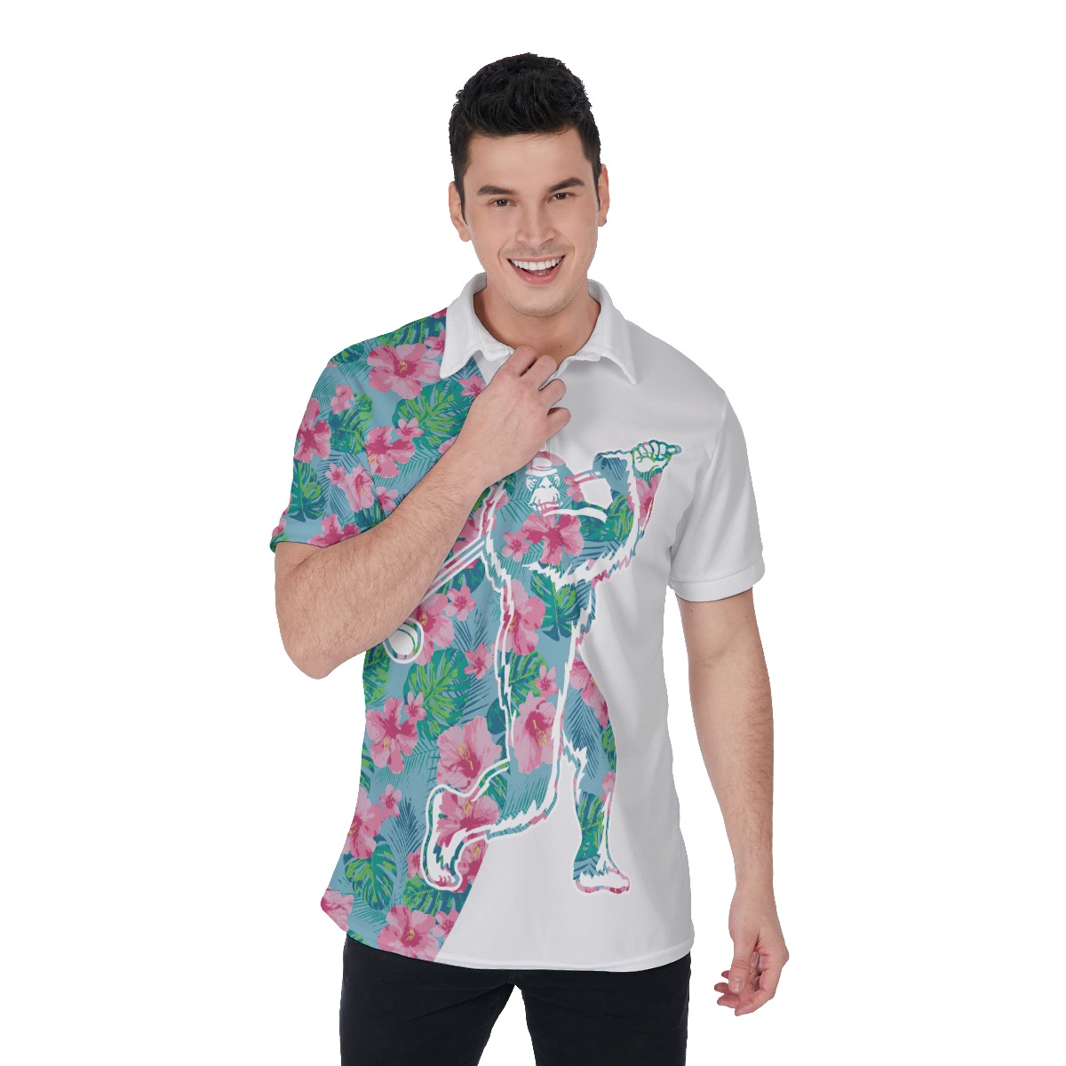 Funny Bigfoot Playing Golf Floral Men's Polo Shirt - variant image 1