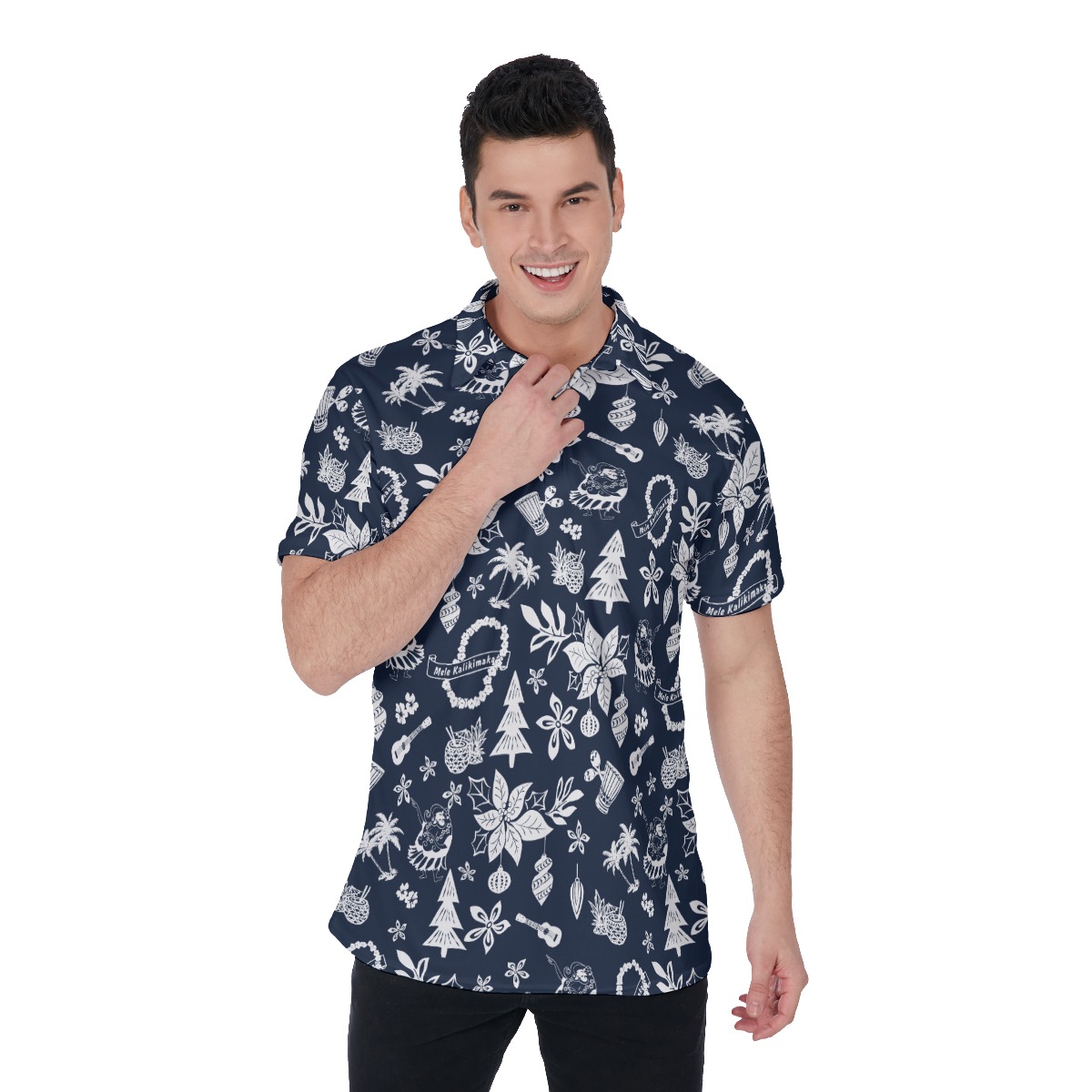 Men's Blue Merry Christmas Polo Hawaiian Shirt - variant image 1