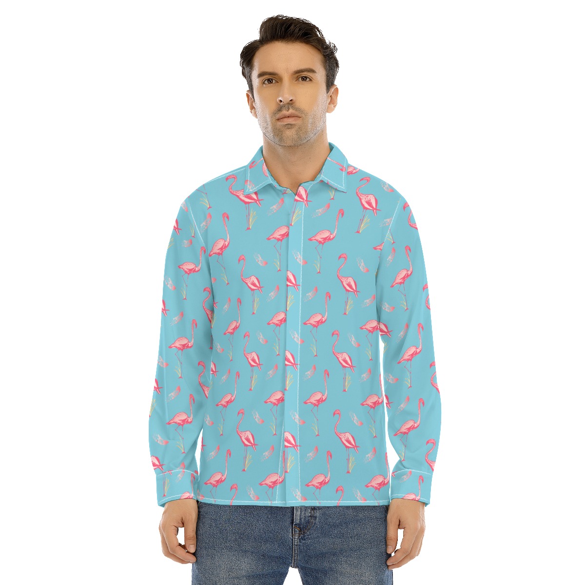 Cool Flamingo Blue Long Sleeve Hawaiian Shirt For Men - variant image 1