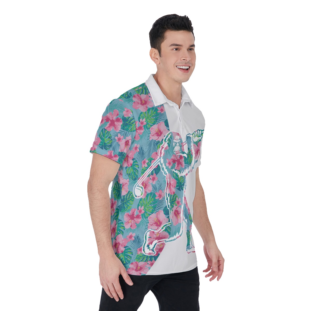 Funny Bigfoot Playing Golf Floral Men's Polo Shirt