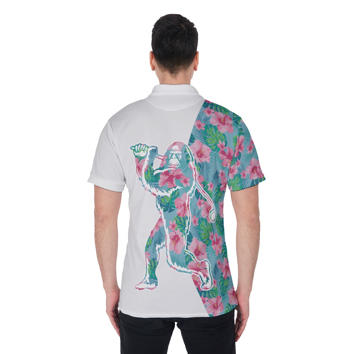 Funny Bigfoot Playing Golf Floral Men's Polo Shirt