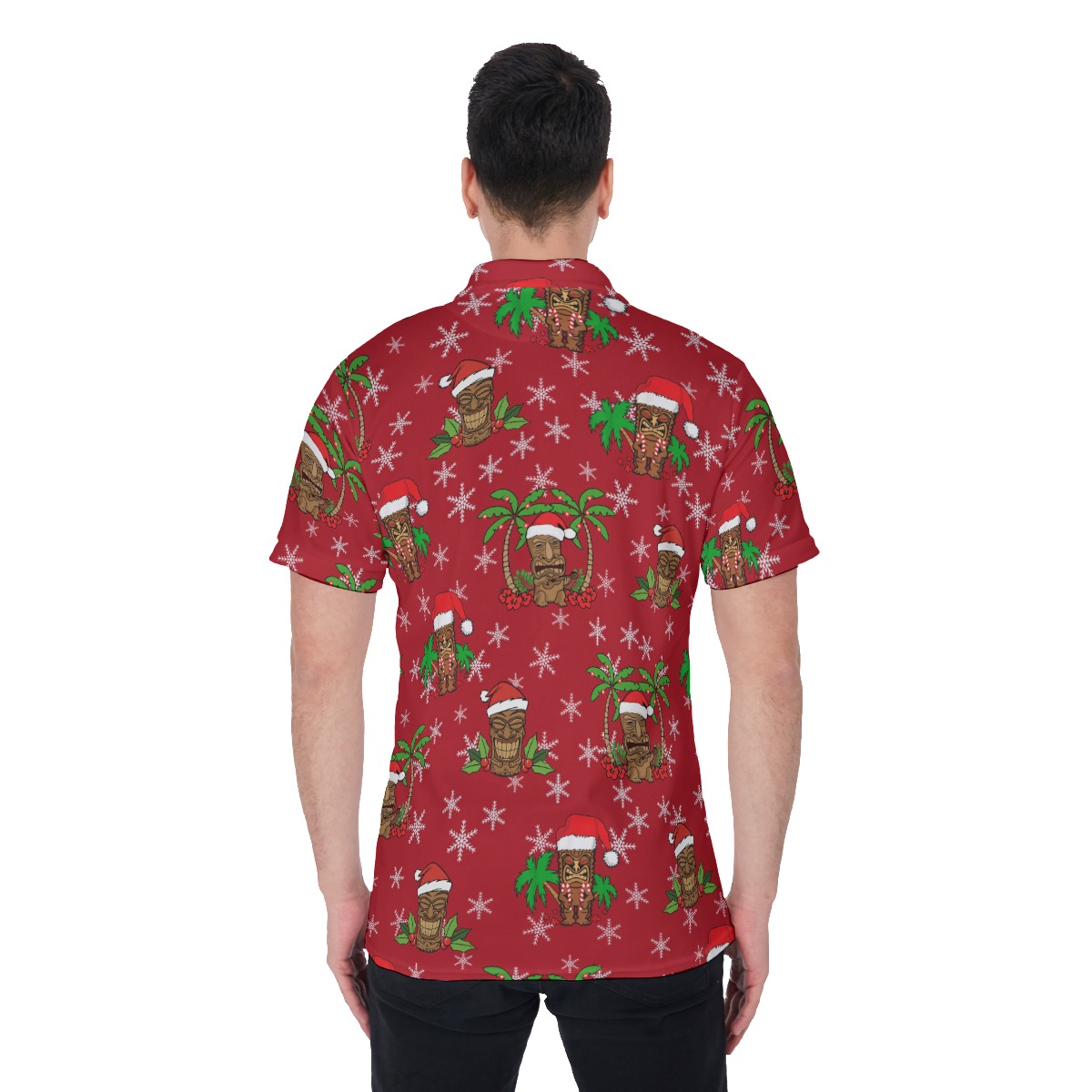 Men's Mele Kalikimaka Tiki Red Polo Hawaiian Shirt