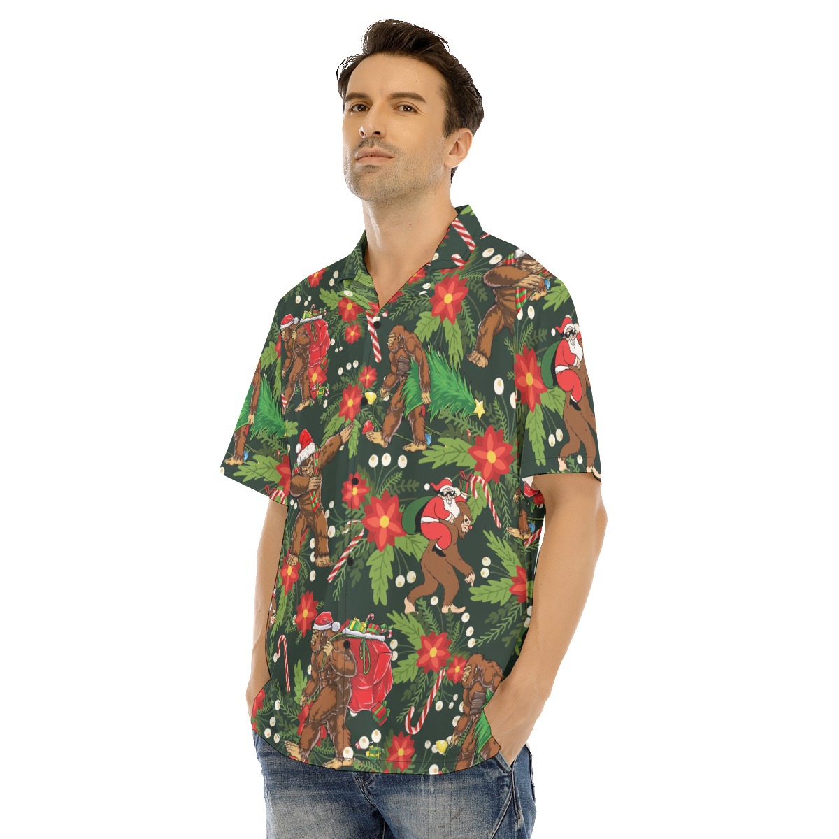 Men's Funny Bigfoot With Santa Hawaiian Shirt