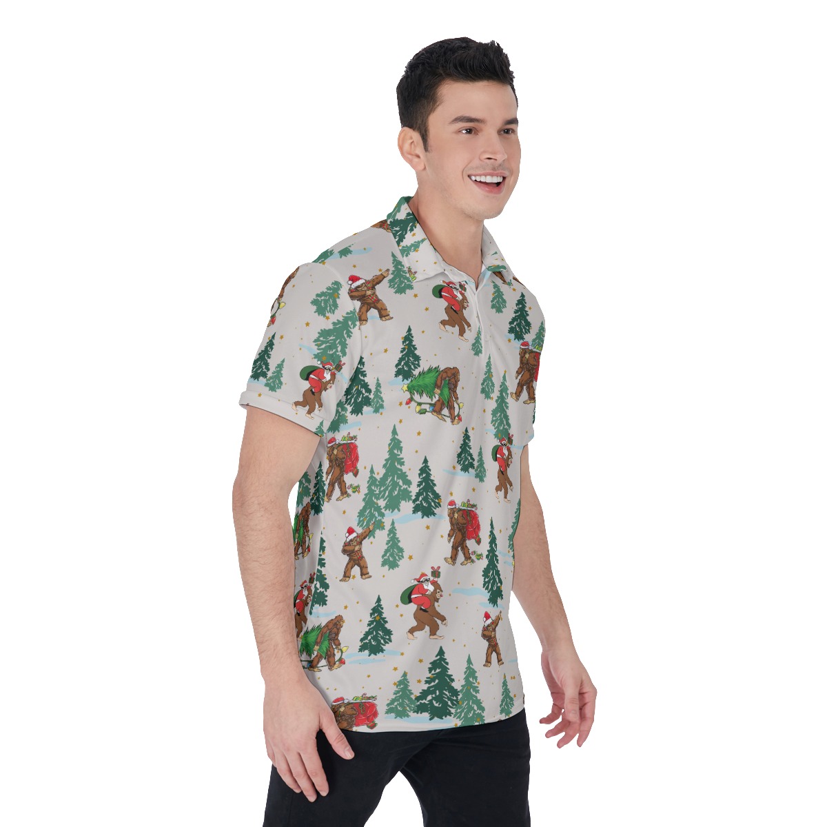 Men's Funny Bigfoot And Santa Christmas Polo Hawaiian Shirt