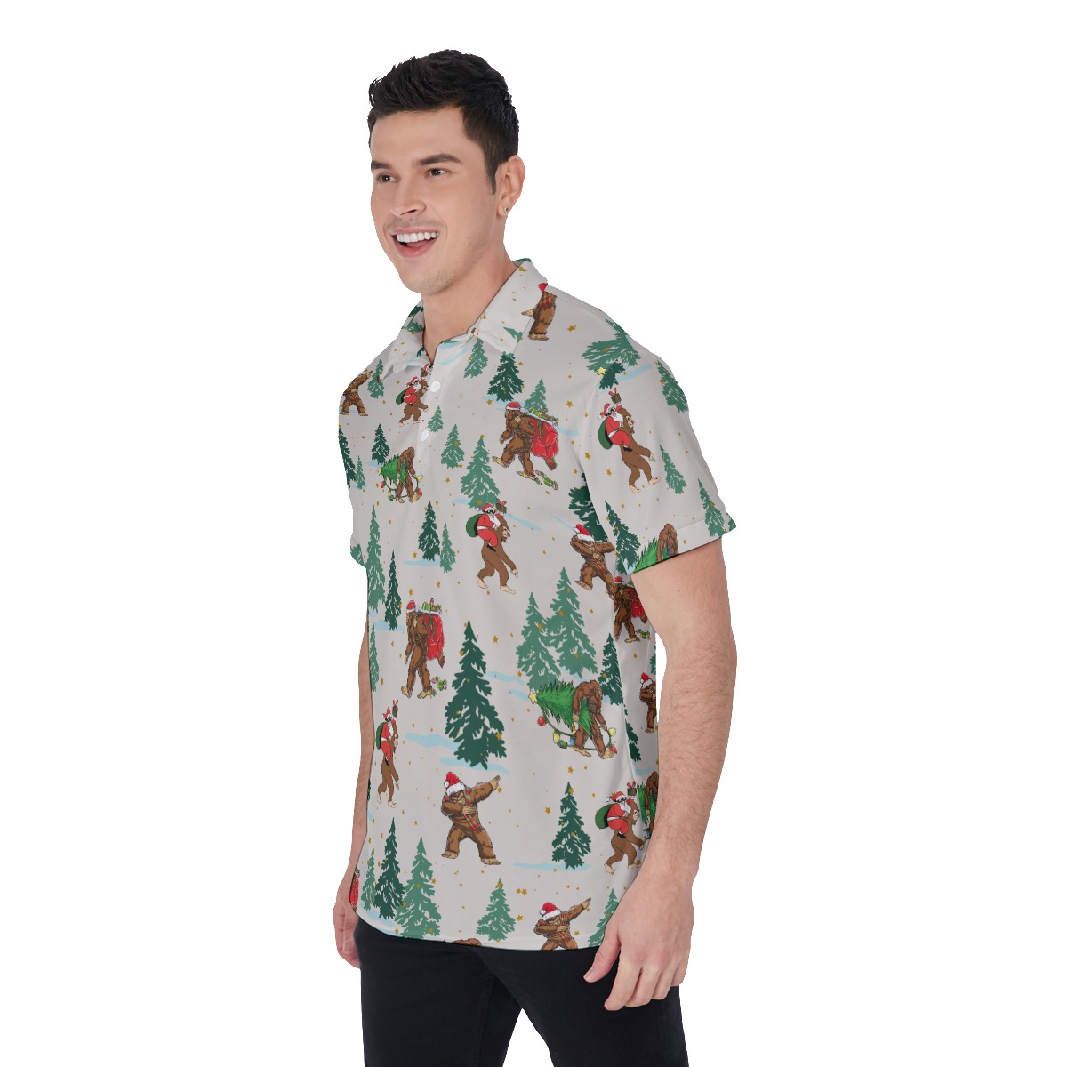 Men's Funny Bigfoot And Santa Christmas Polo Hawaiian Shirt