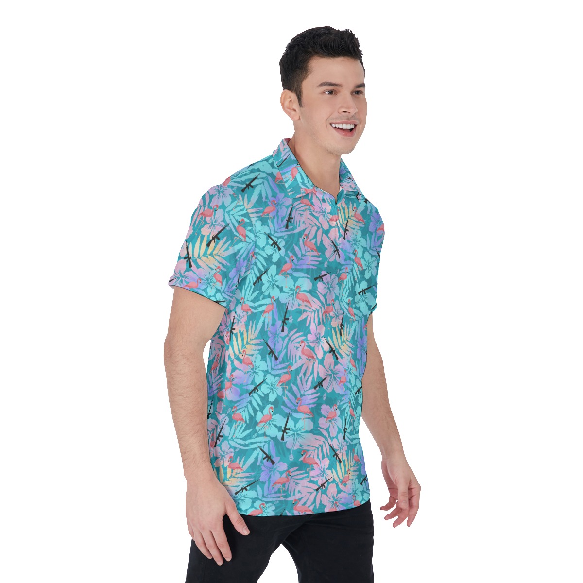 Blue Floral Flamingo Tactical Men's Polo Shirt
