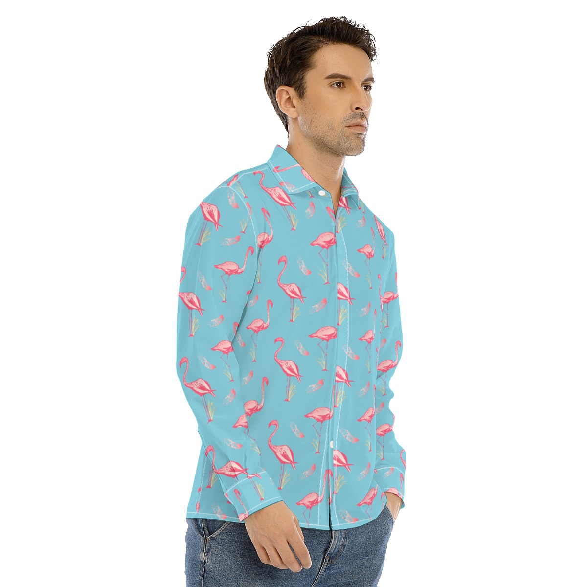 Cool Flamingo Blue Long Sleeve Hawaiian Shirt For Men