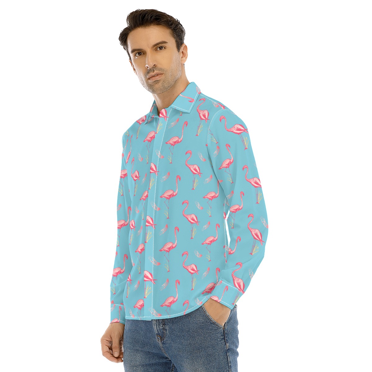 Cool Flamingo Blue Long Sleeve Hawaiian Shirt For Men