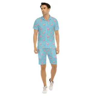 Men's Cute Flamingo Blue Hawaiian Shirt And Shorts