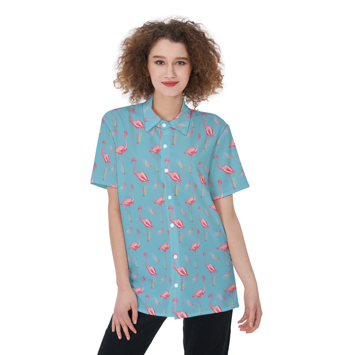Cute Flamingo Blue Hawaiian Shirt For Women - variant image 1