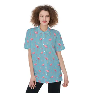 Cute Flamingo Blue Hawaiian Shirt For Women