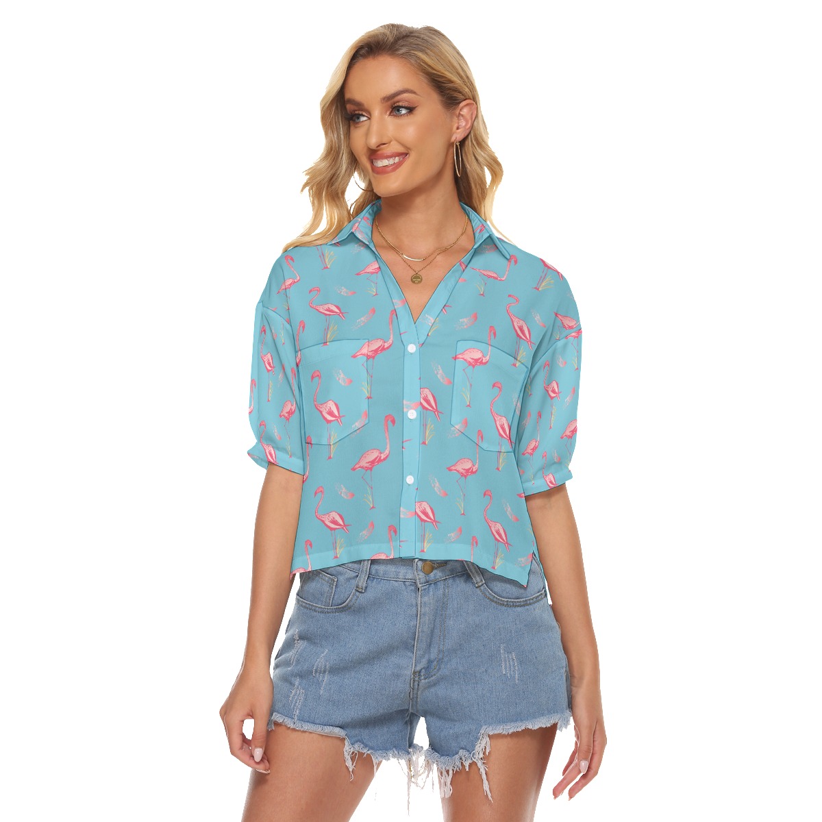 Lovely Flamingo Hawaiian Crop Top Shirt For Women - variant image 1
