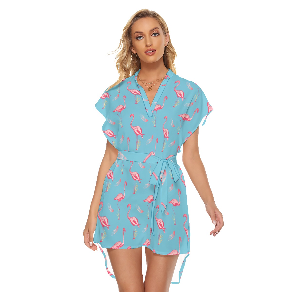 Blue Flamingo Hawaiian Dress With Tie - variant image 1