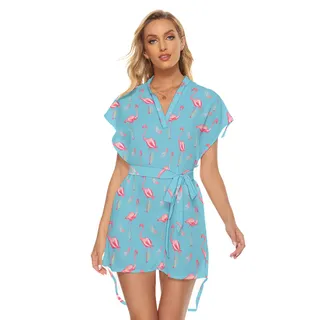Blue Flamingo Hawaiian Dress With Tie