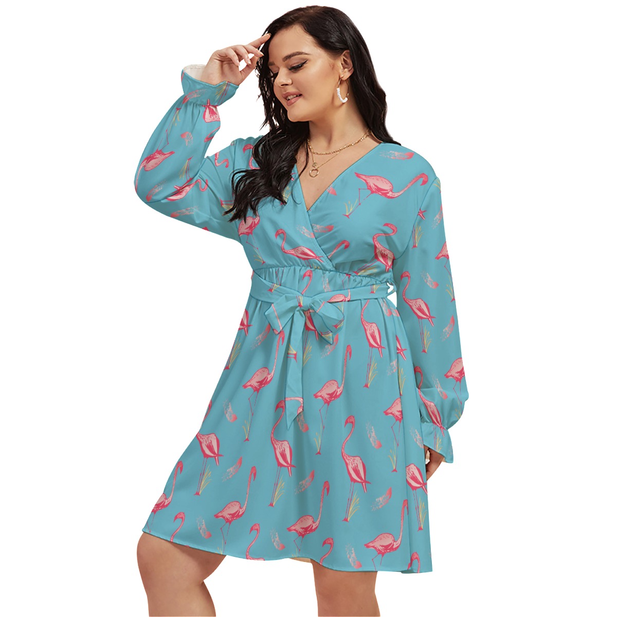 Blue Cute Flamingo Hawaiian Plus Size V-Neck Dress - variant image 1
