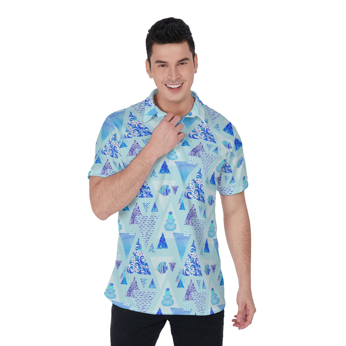 Retro Ocean Blue Polo Collar Shirt - variant image 1