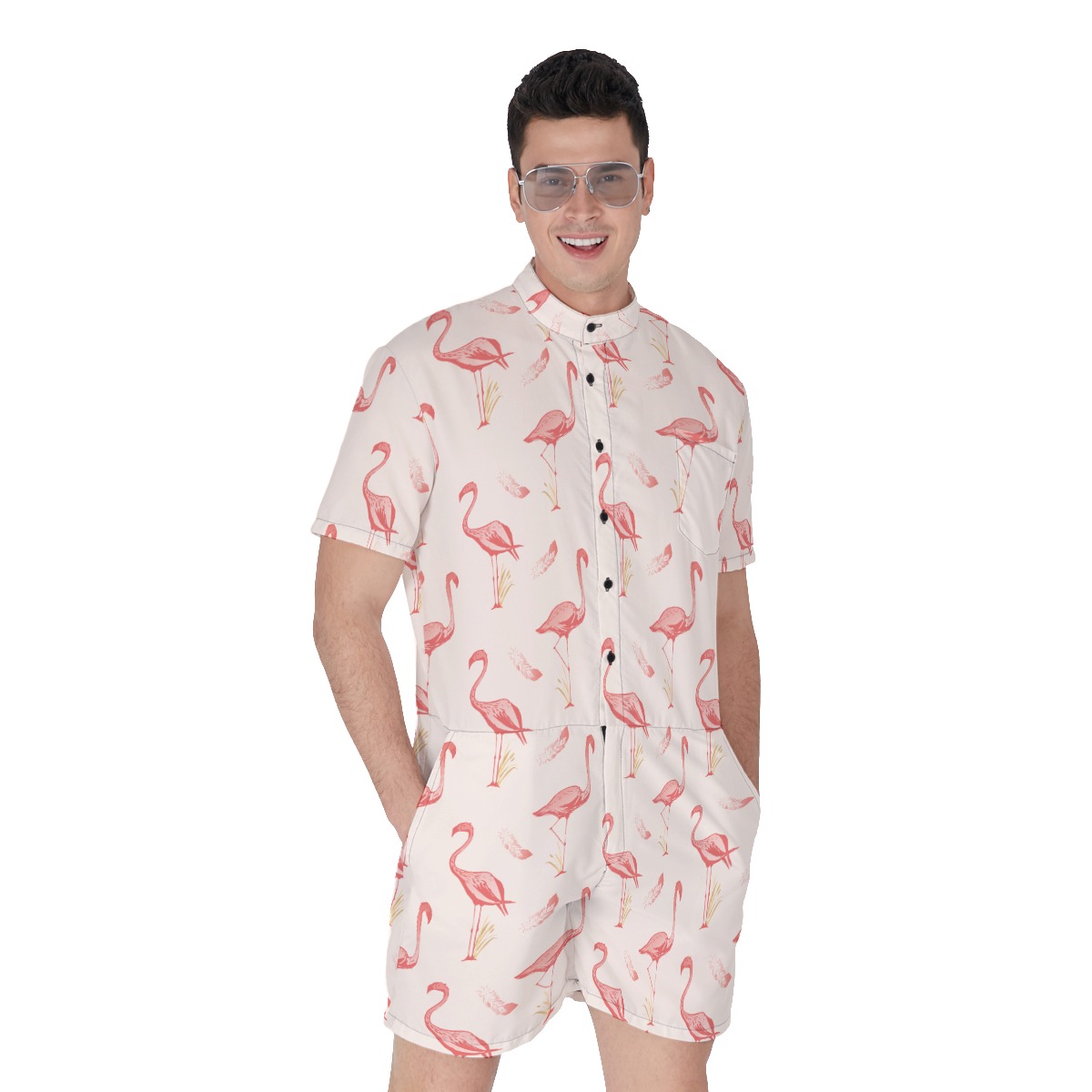 Pink Flamingo Hawaiian Romper For Men - variant image 1