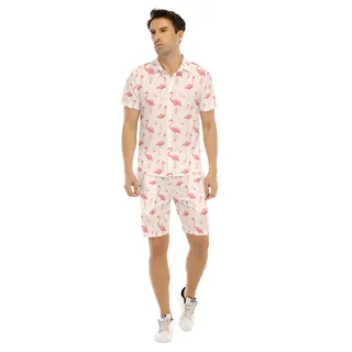 Men's Cute Flamingo White Hawaiian Shirt Set
