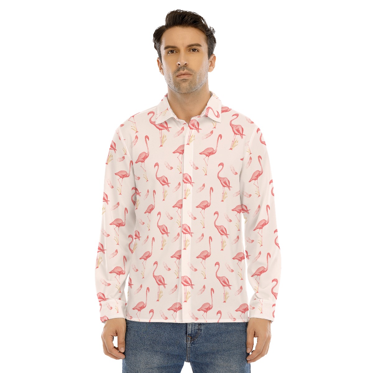 Cute Flamingo White Long Sleeve Hawaiian Shirt For Men - variant image 1