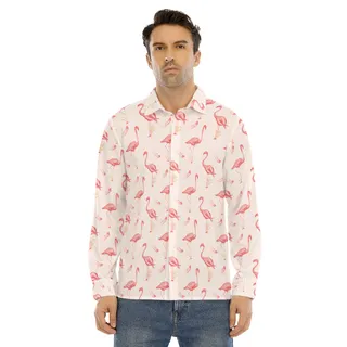 Cute Flamingo White Long Sleeve Hawaiian Shirt For Men