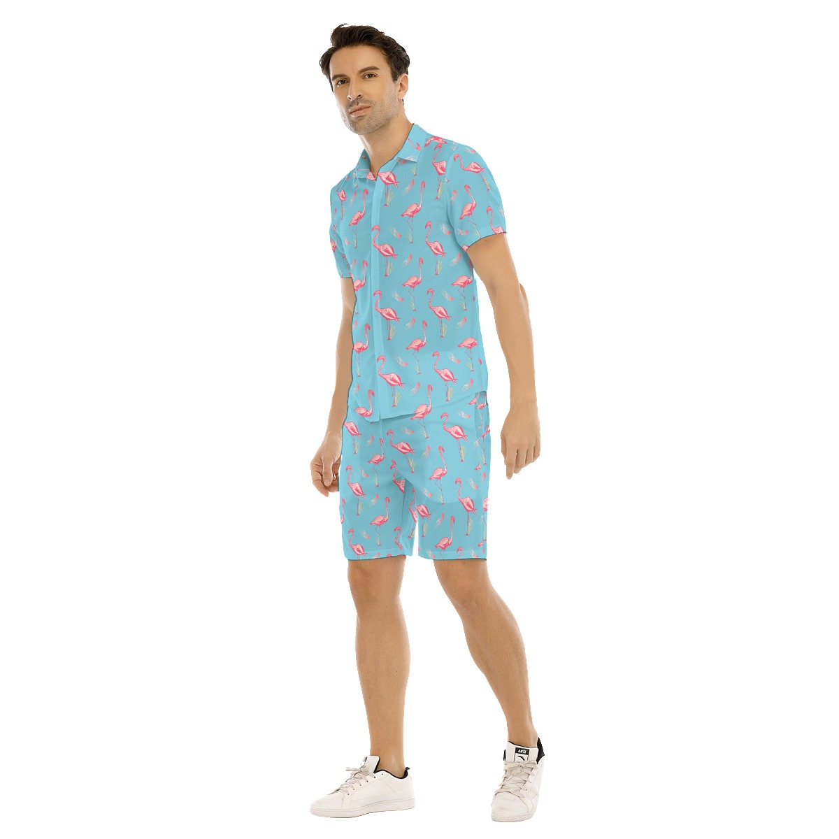 Men's Cute Flamingo Blue Hawaiian Shirt And Shorts