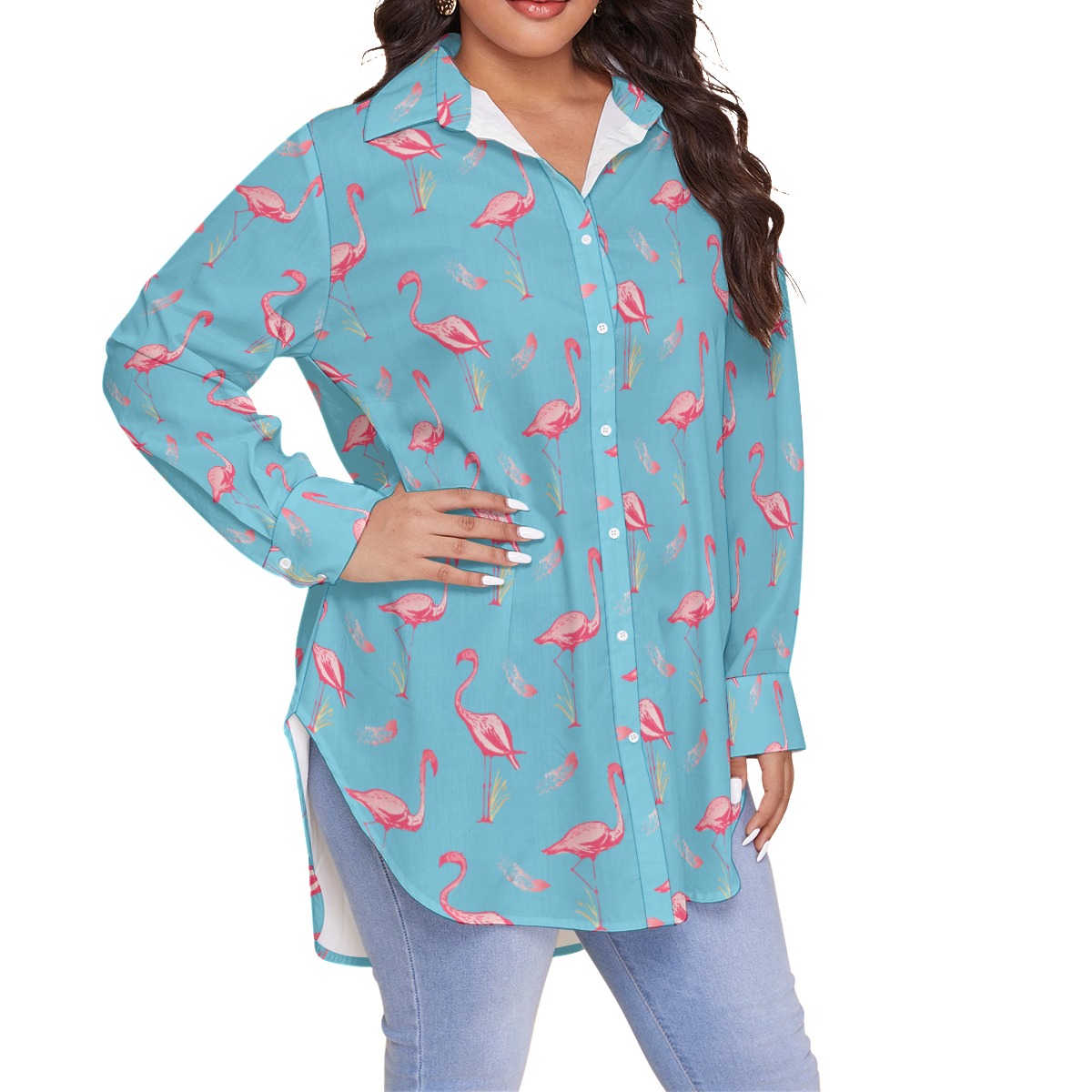 Women's Blue Flamingo Plus Size Hawaiian Shirt