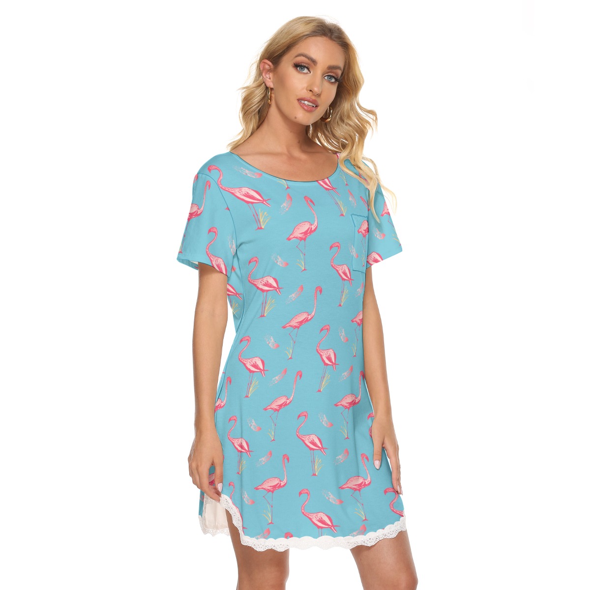 Blue Flamingo Hawaiian Dress With Lace