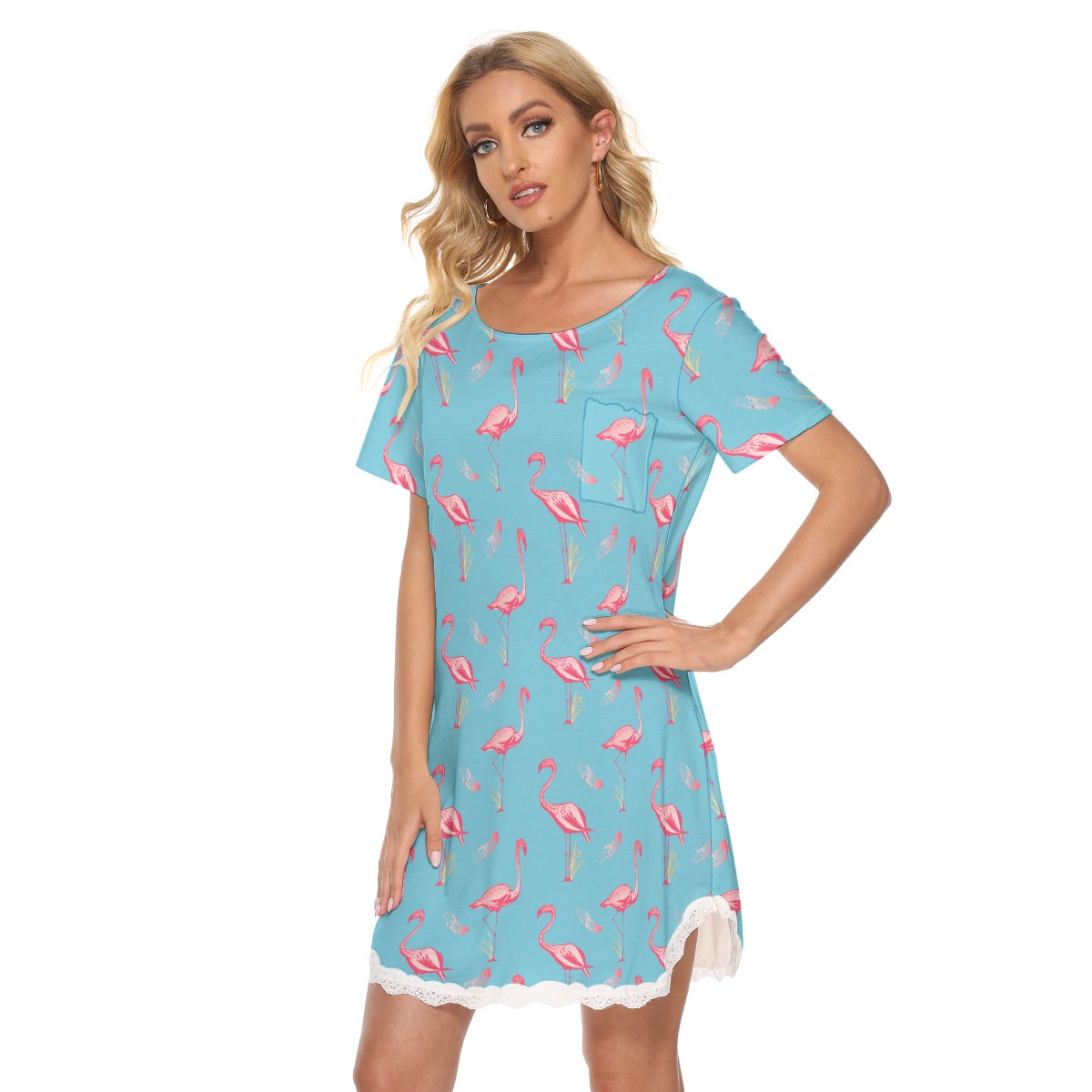 Blue Flamingo Hawaiian Dress With Lace