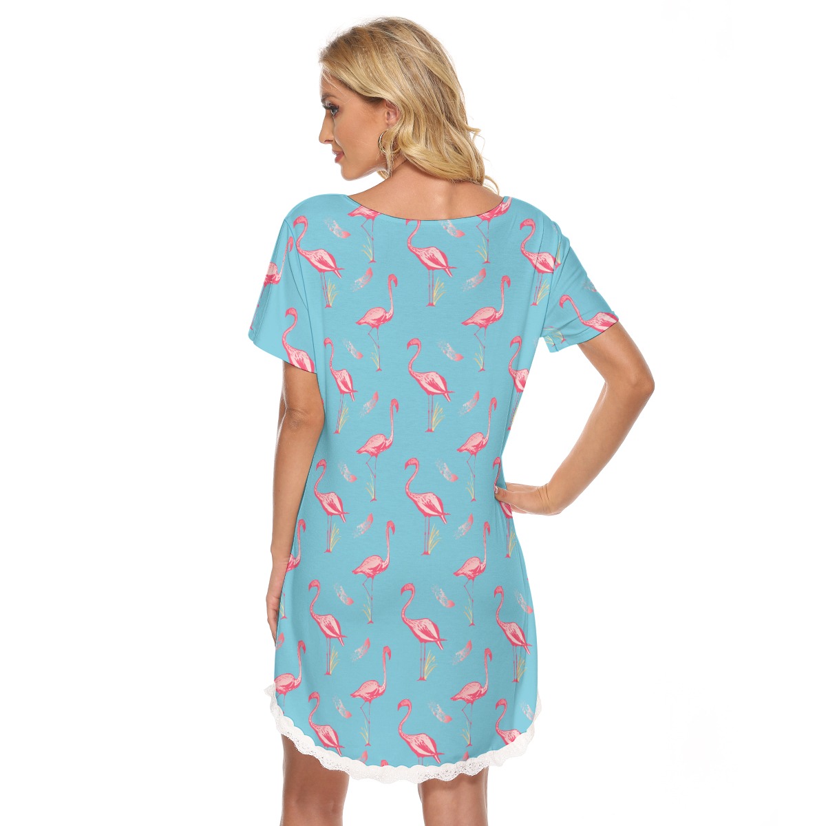 Blue Flamingo Hawaiian Dress With Lace