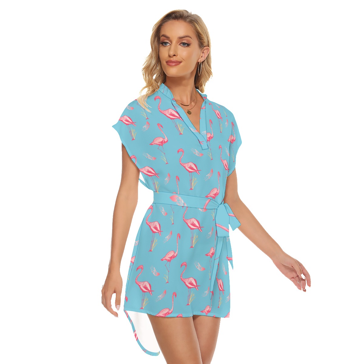 Blue Flamingo Hawaiian Dress With Tie