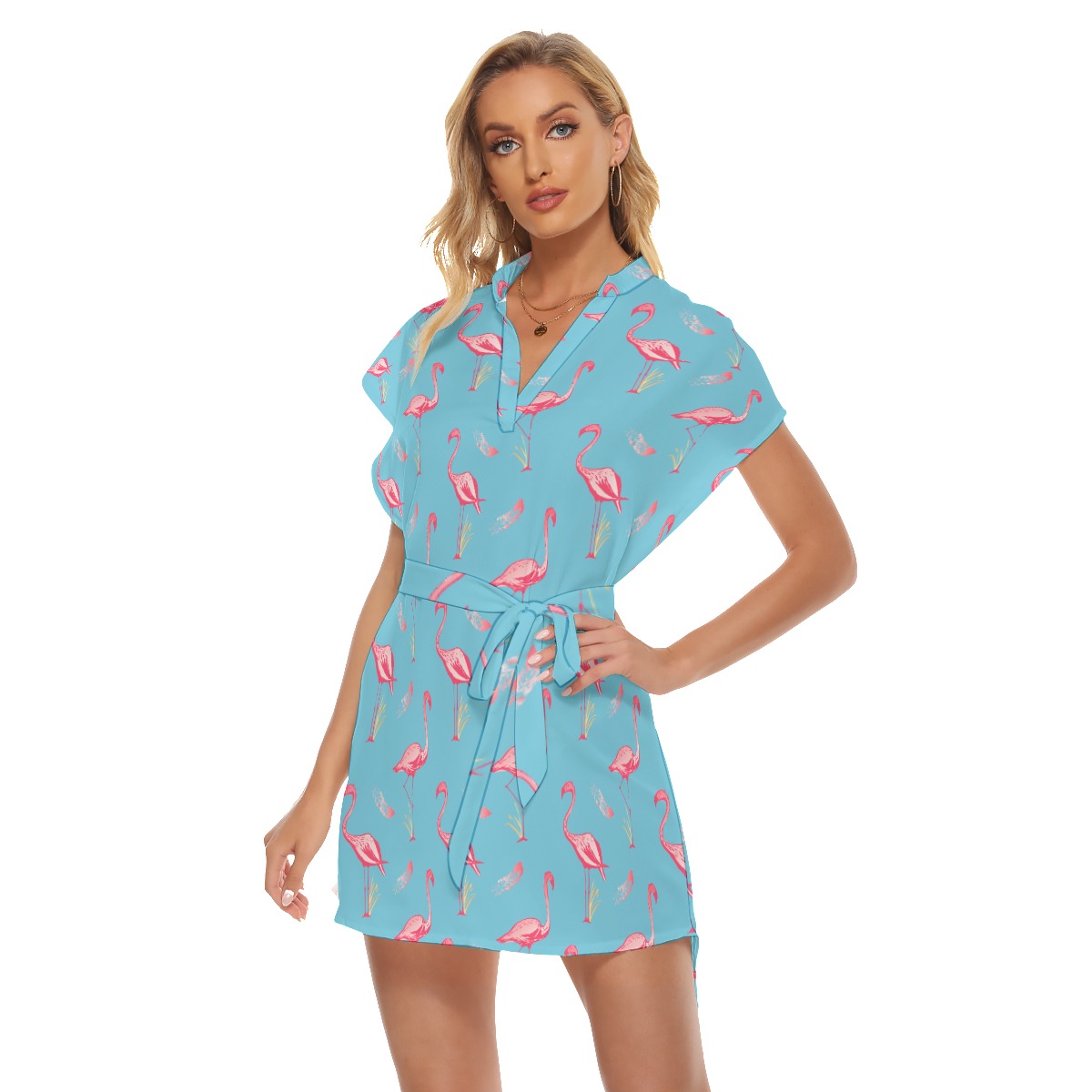 Blue Flamingo Hawaiian Dress With Tie