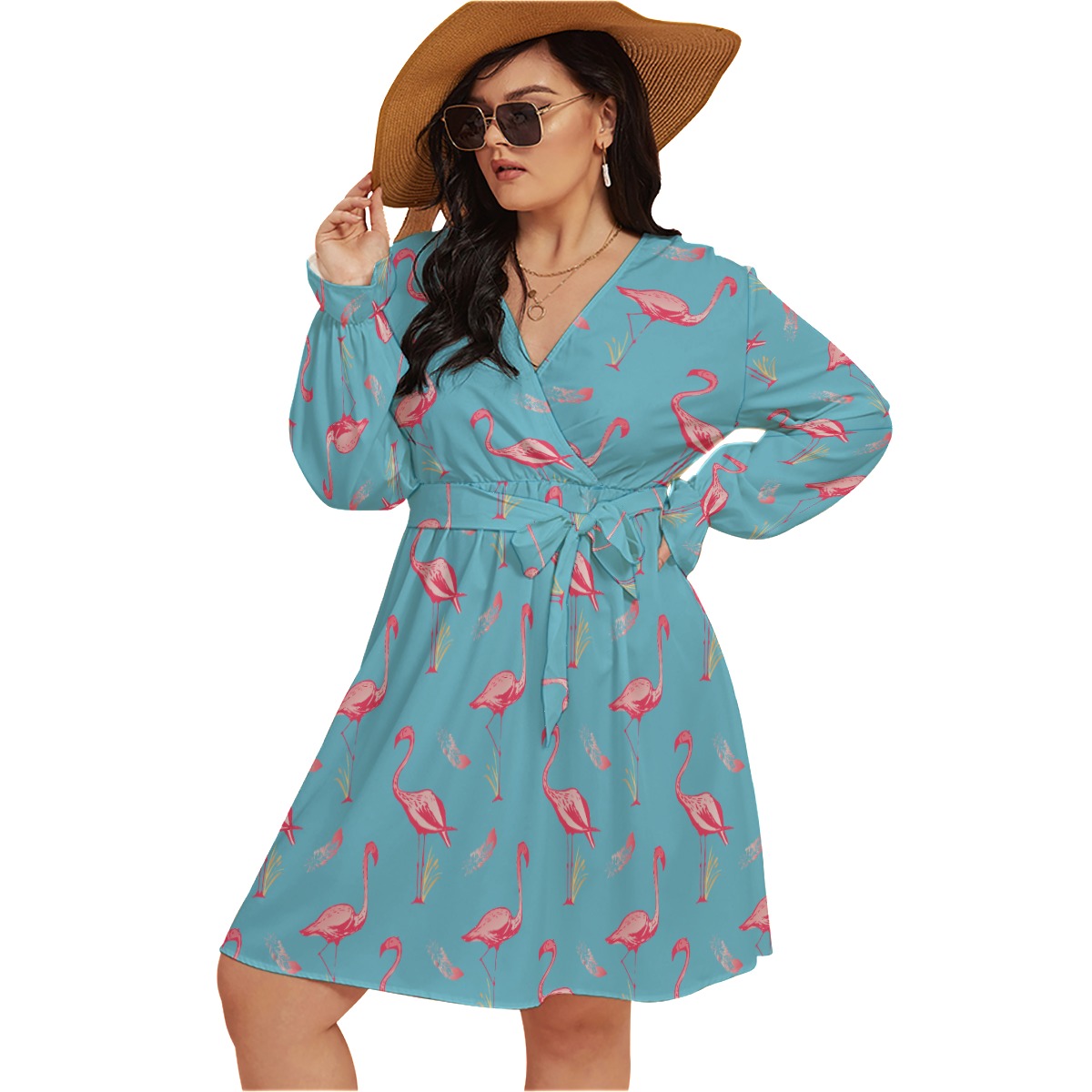 Blue Cute Flamingo Hawaiian Plus Size V-Neck Dress