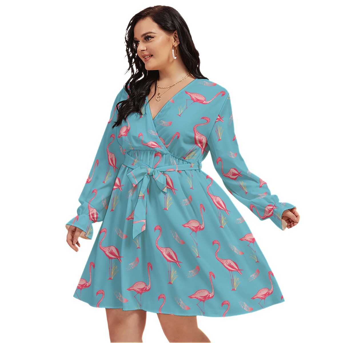 Blue Cute Flamingo Hawaiian Plus Size V-Neck Dress