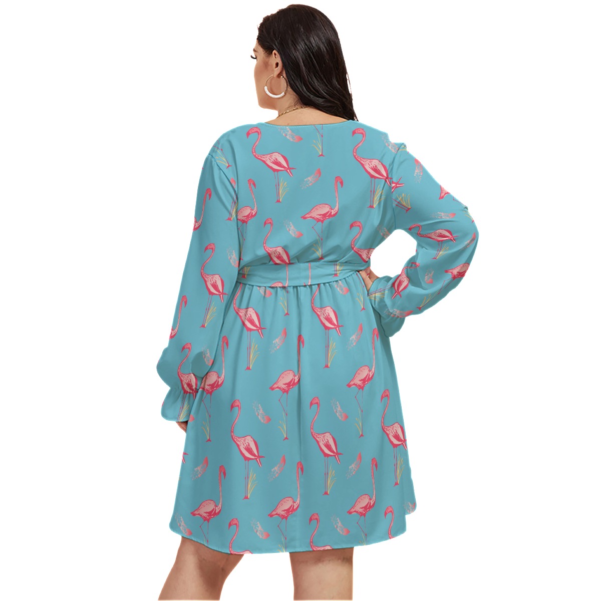 Blue Cute Flamingo Hawaiian Plus Size V-Neck Dress