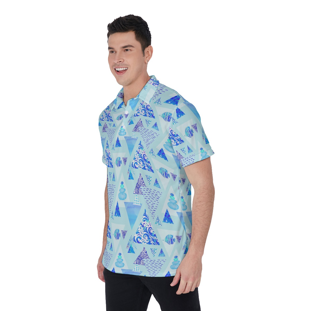 Retro Ocean Blue Polo Collar Shirt