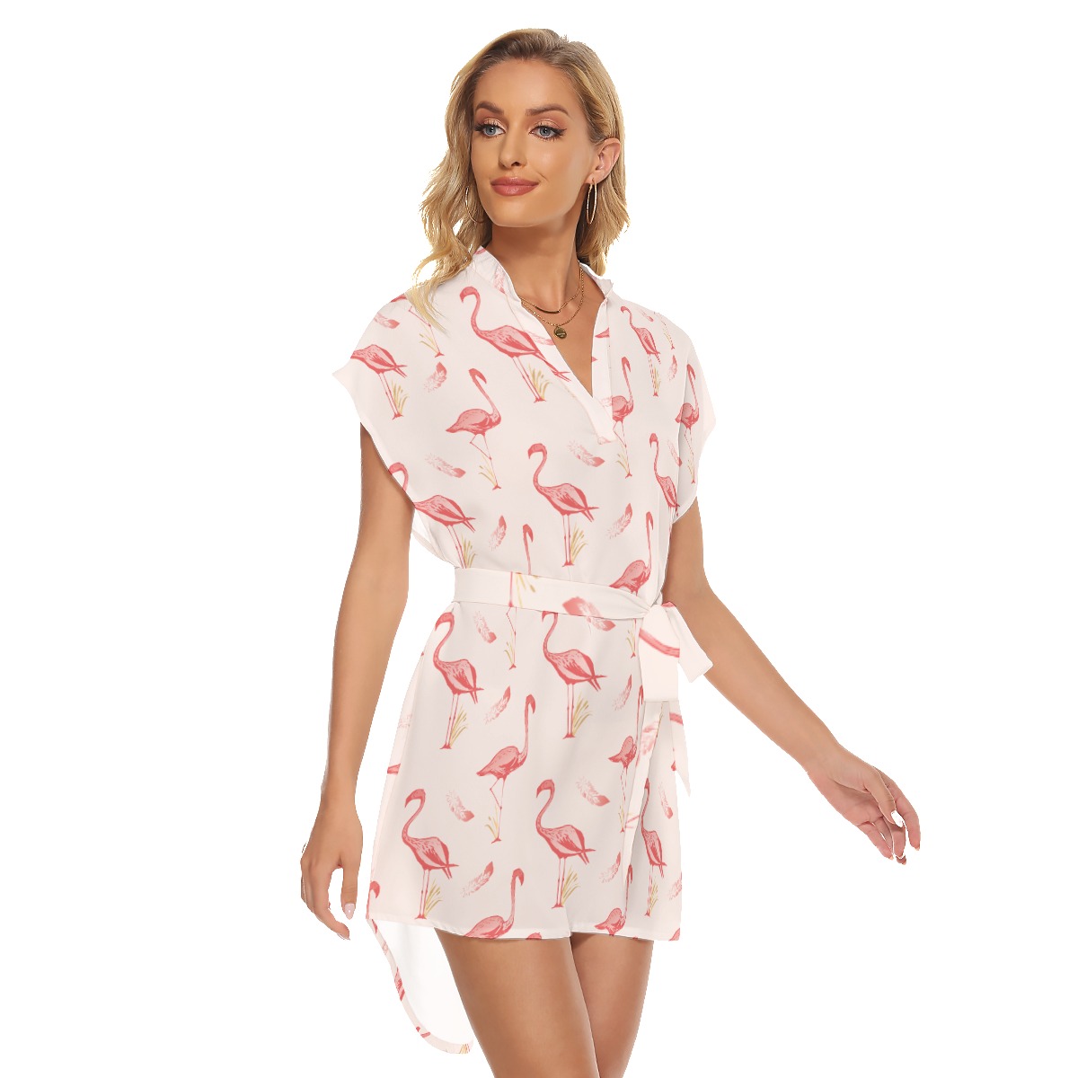 Cool Flamingo Hawaiian Dress With Tie