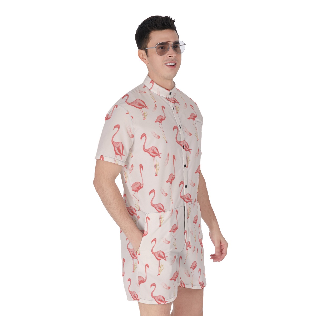 Pink Flamingo Hawaiian Romper For Men