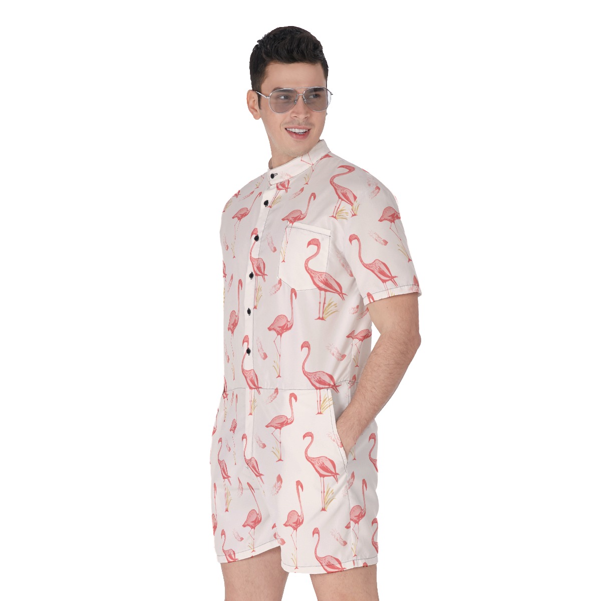 Pink Flamingo Hawaiian Romper For Men