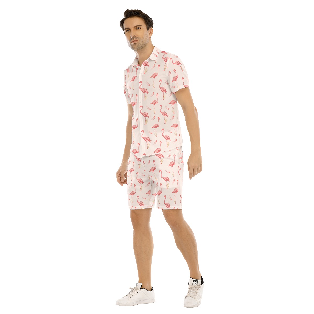 Men's Cute Flamingo White Hawaiian Shirt Set