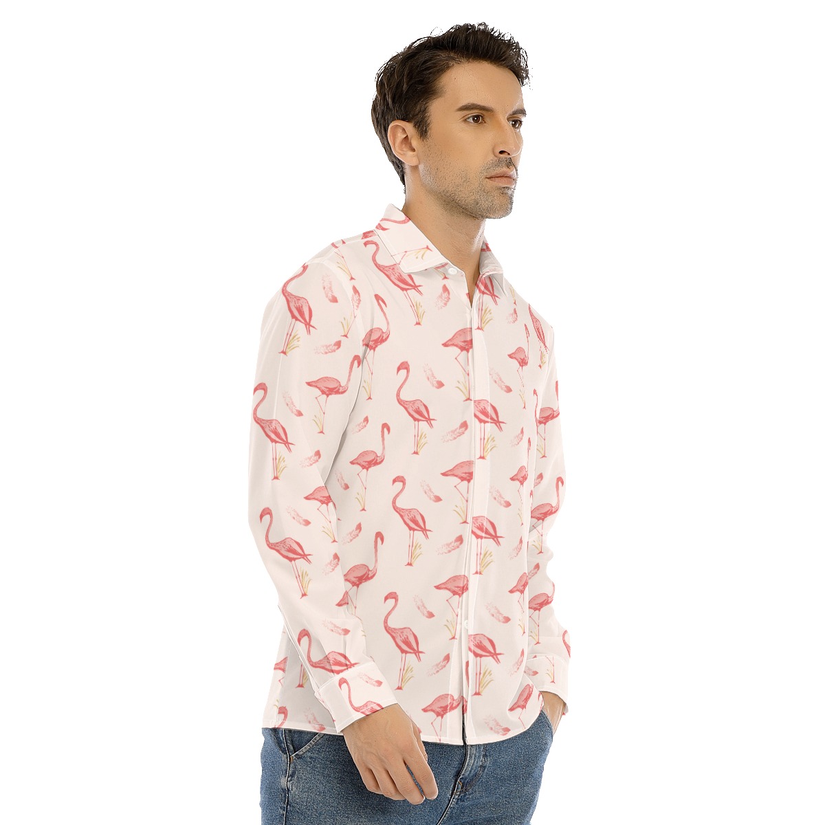 Cute Flamingo White Long Sleeve Hawaiian Shirt For Men