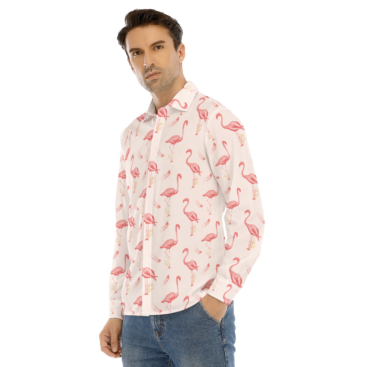 Cute Flamingo White Long Sleeve Hawaiian Shirt For Men