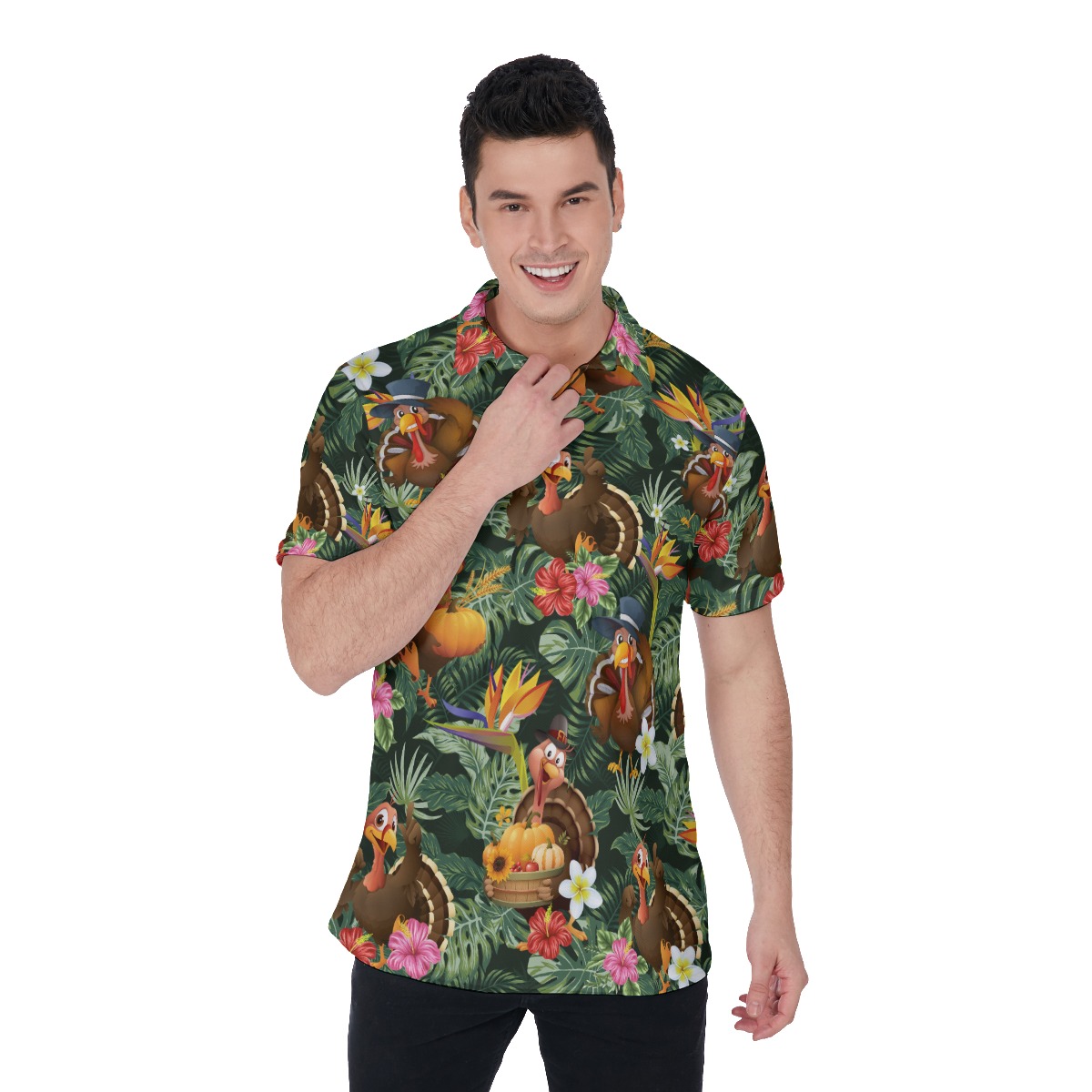 Floral Turkey Thanksgiving Polo Hawaiian Shirt For Men - variant image 1