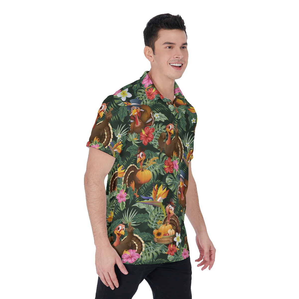 Floral Turkey Thanksgiving Polo Hawaiian Shirt For Men
