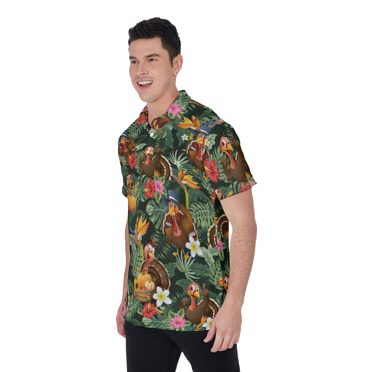 Floral Turkey Thanksgiving Polo Hawaiian Shirt For Men