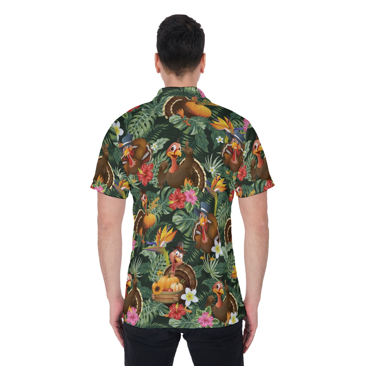 Floral Turkey Thanksgiving Polo Hawaiian Shirt For Men