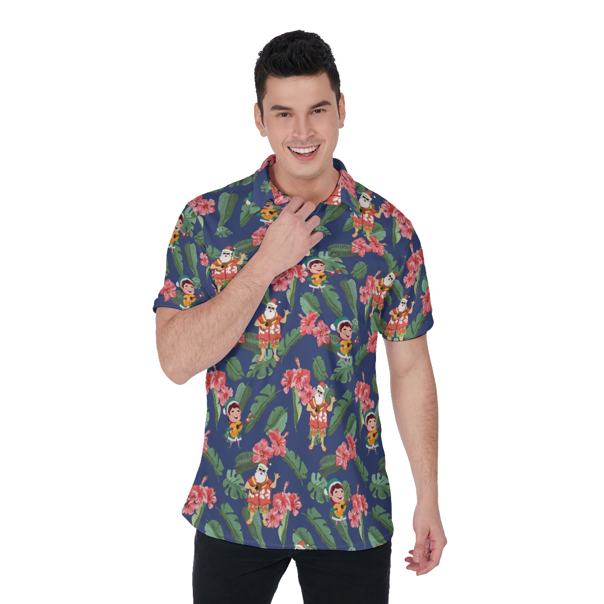 Men's Floral Musical Santa Polo Hawaiian Shirt - variant image 1