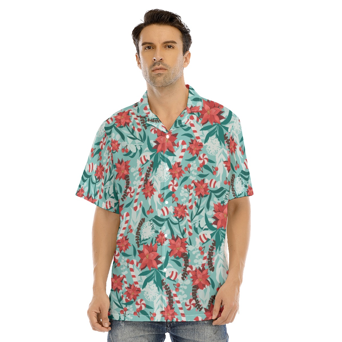Floral Candy Christmas Blue Hawaiian Shirt - variant image 1