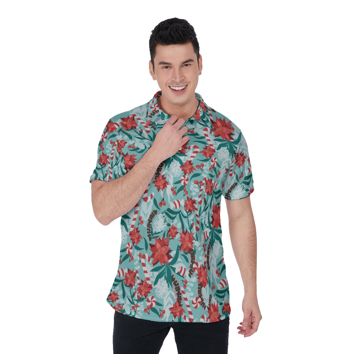 Poinsettia Candy Hawaiian Polo Shirt For Men - variant image 1